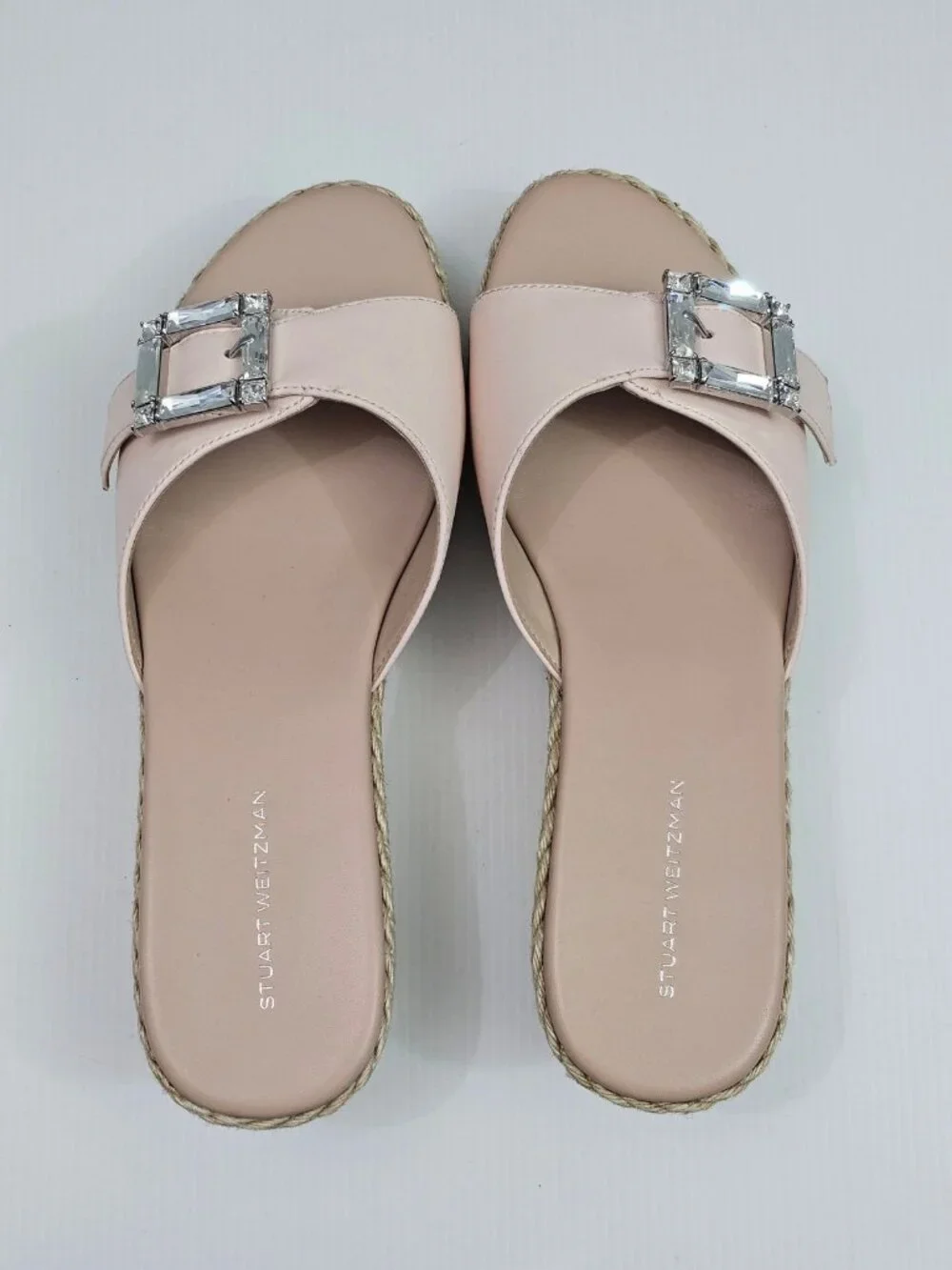 Stuart Weitzman June 75 Espadrille Wedge Sandal Size 9 Blush Pink Crystal Buckle